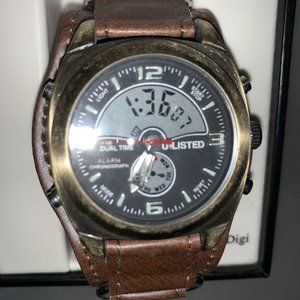 Unlisted Mens Dual Function Analog & Digital Bronze Face Brown Leather Band 1138
